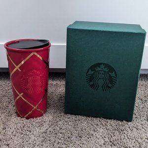 Starbucks Holiday Christmas Red and Gold Tall Ceramic Mug with Lid